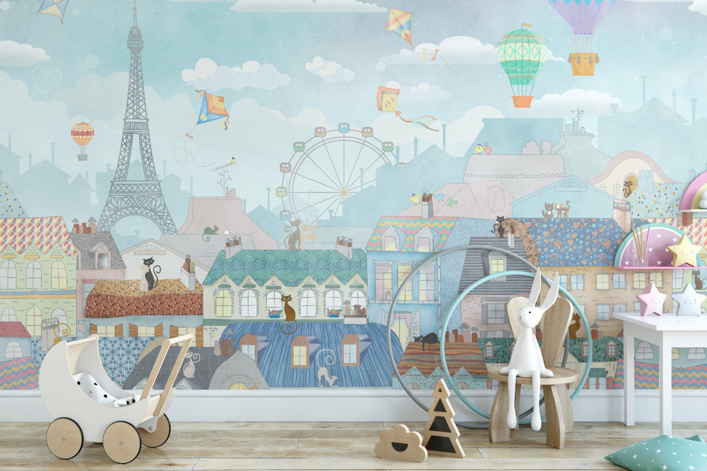 Playful Parisian cityscape wall mural

