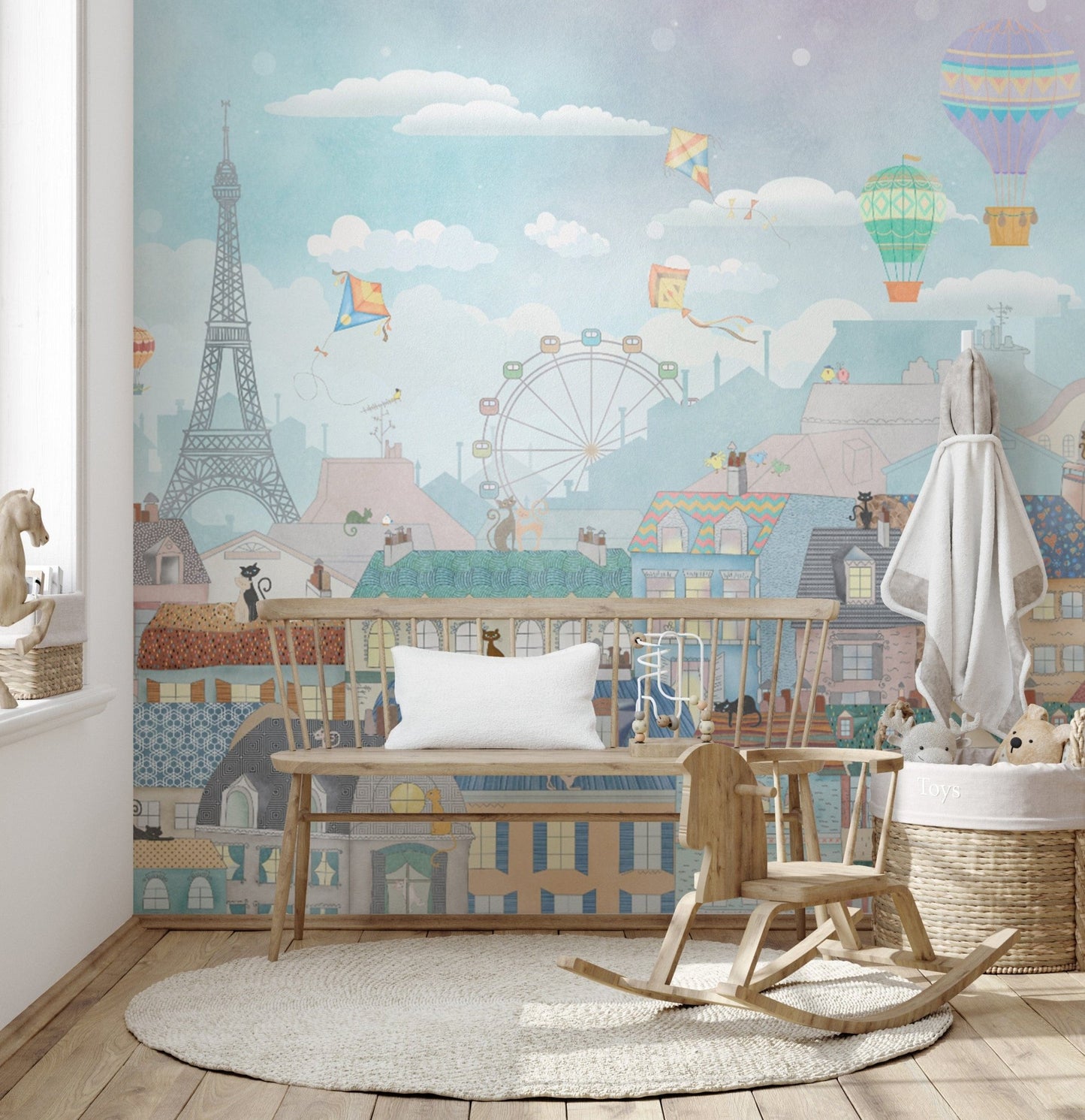 Cute Paris skyline with cats and kites

