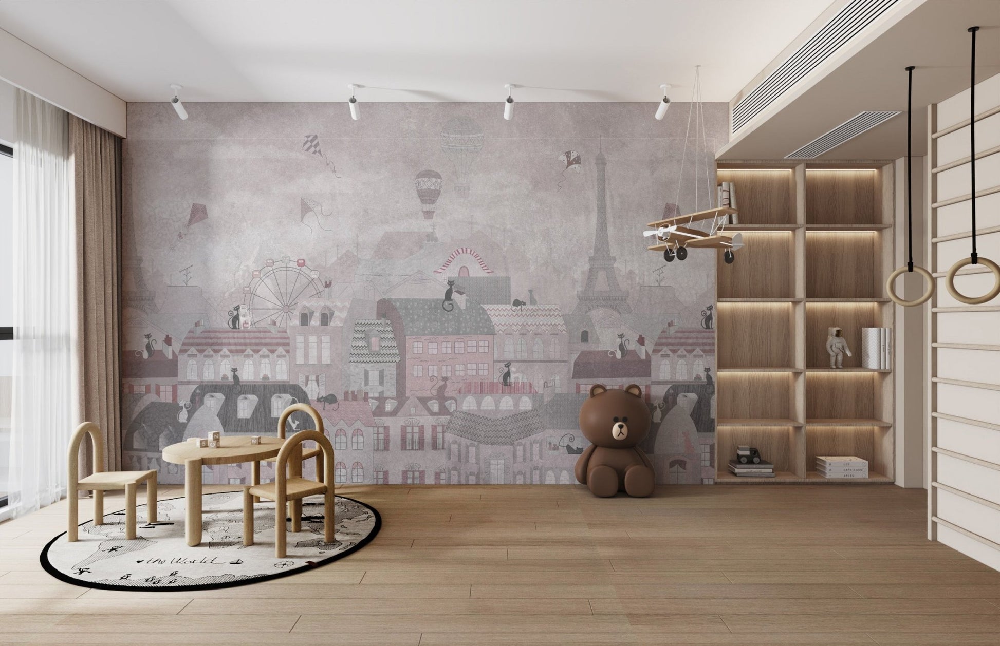 Playful cats on Paris cityscape wallpaper
