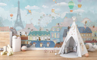 Illustrated Paris skyline with hot air balloons
