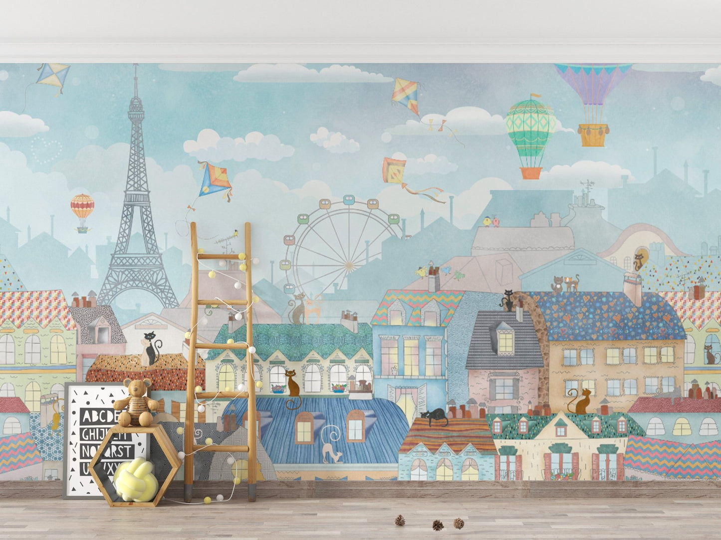 Whimsical Parisian wallpaper with balloons

