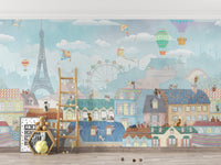 Whimsical Parisian wallpaper with balloons
