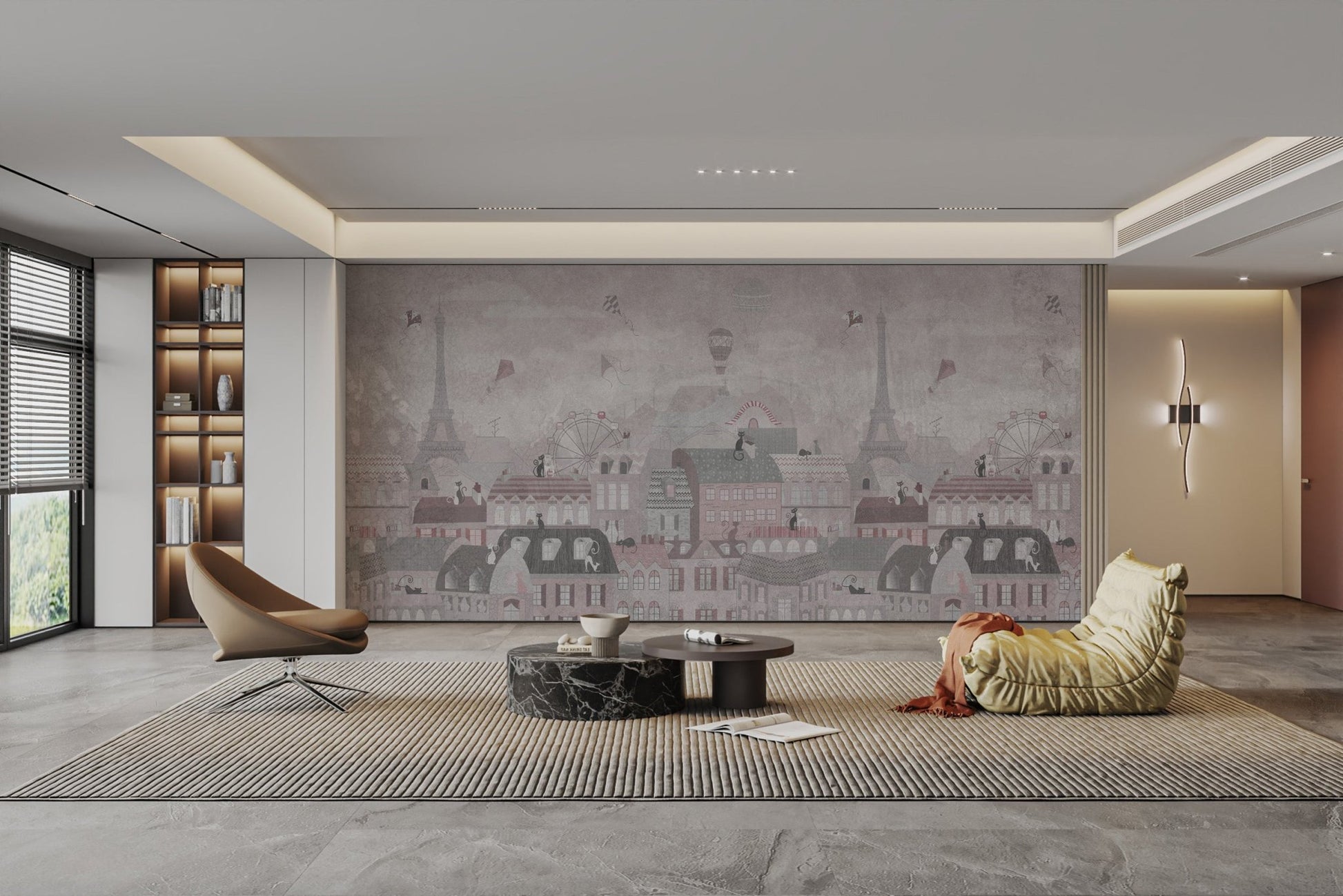 Whimsical Paris cityscape wallpaper design
