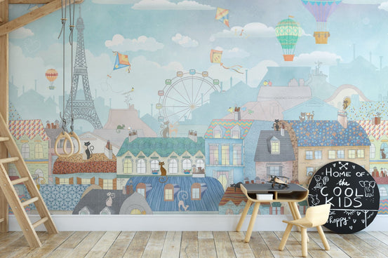 Whimsical Paris cityscape wallpaper D293
