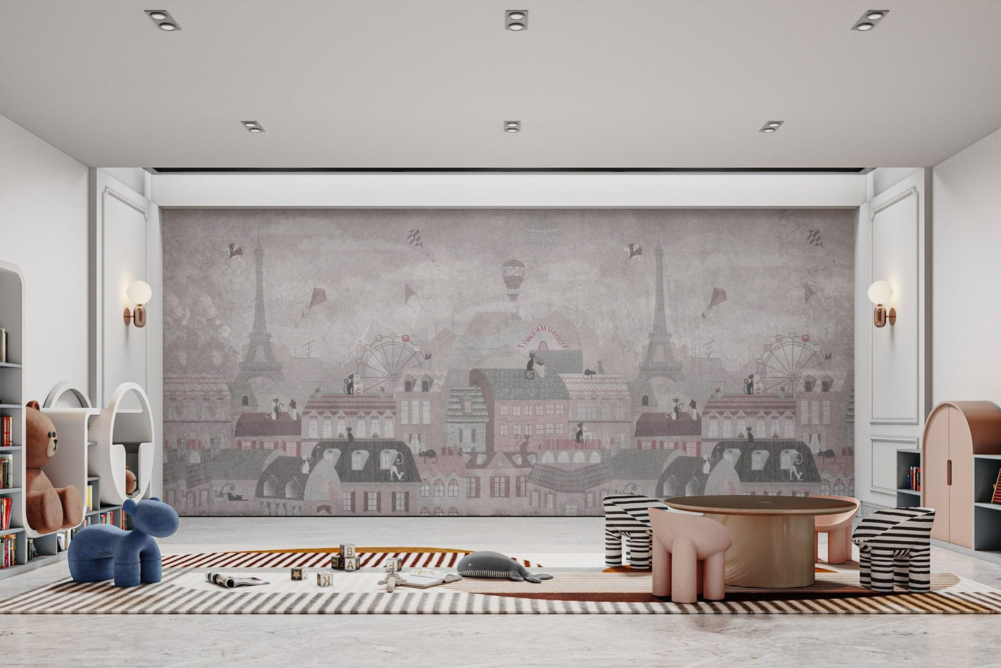 Paris-themed wallpaper with floating kites
