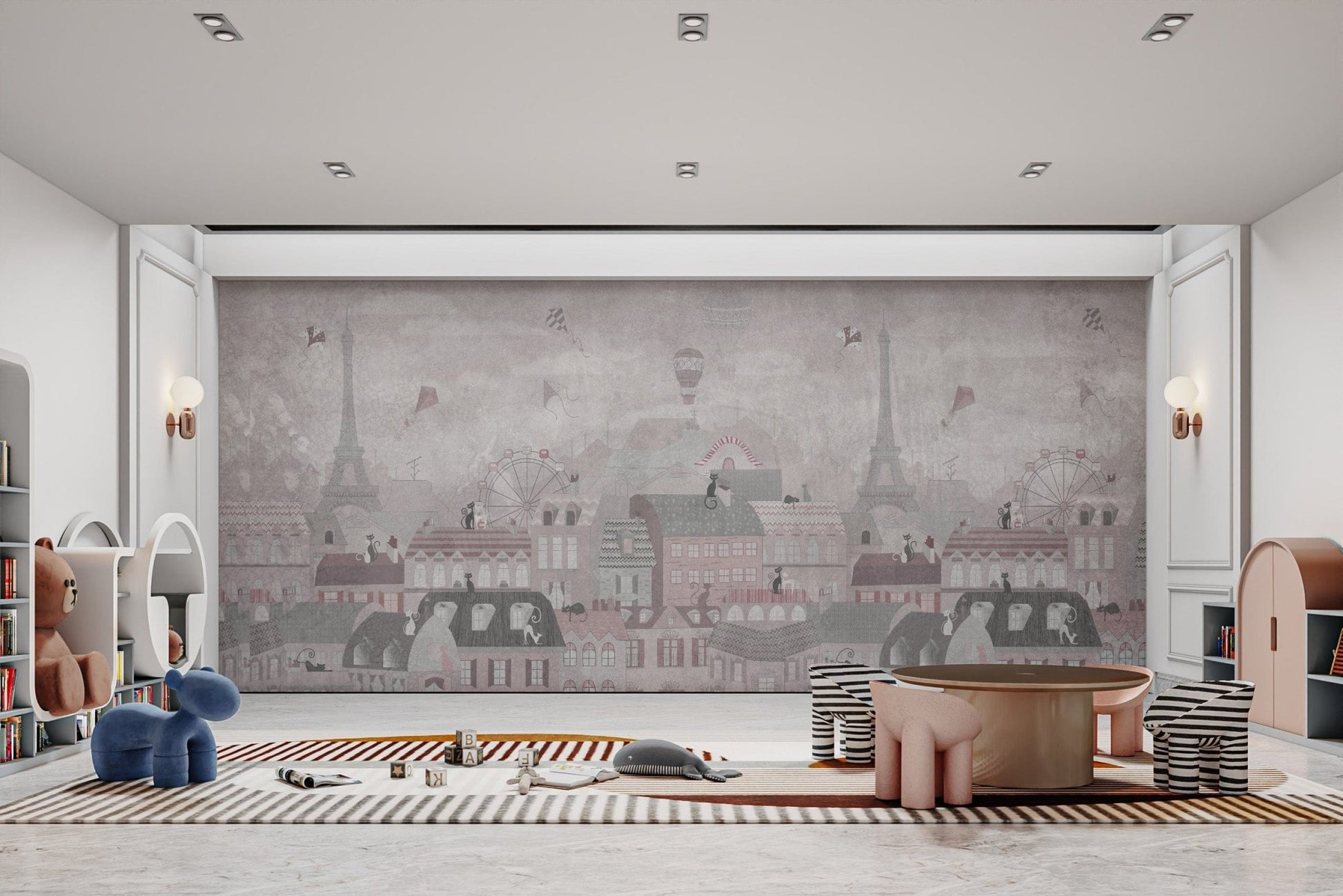 Paris-themed wallpaper with floating kites
