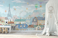 Whimsical Parisian wallpaper with balloons
