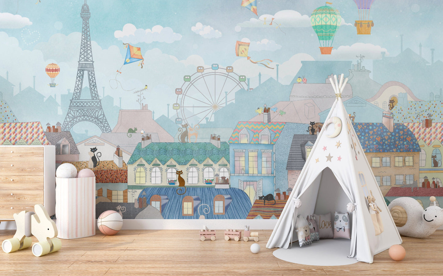 Illustrated Paris skyline with hot air balloons
