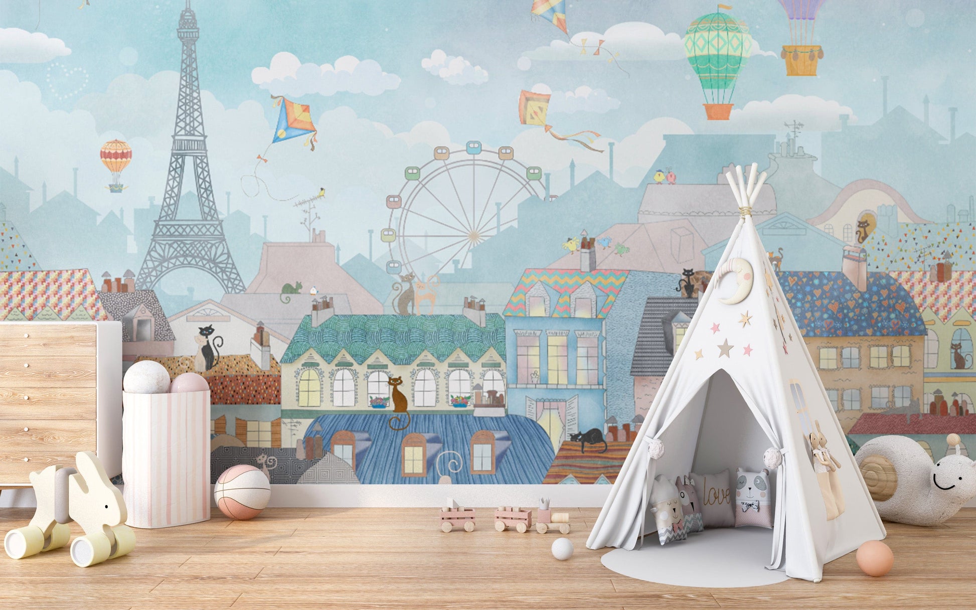 Illustrated Paris skyline with hot air balloons
