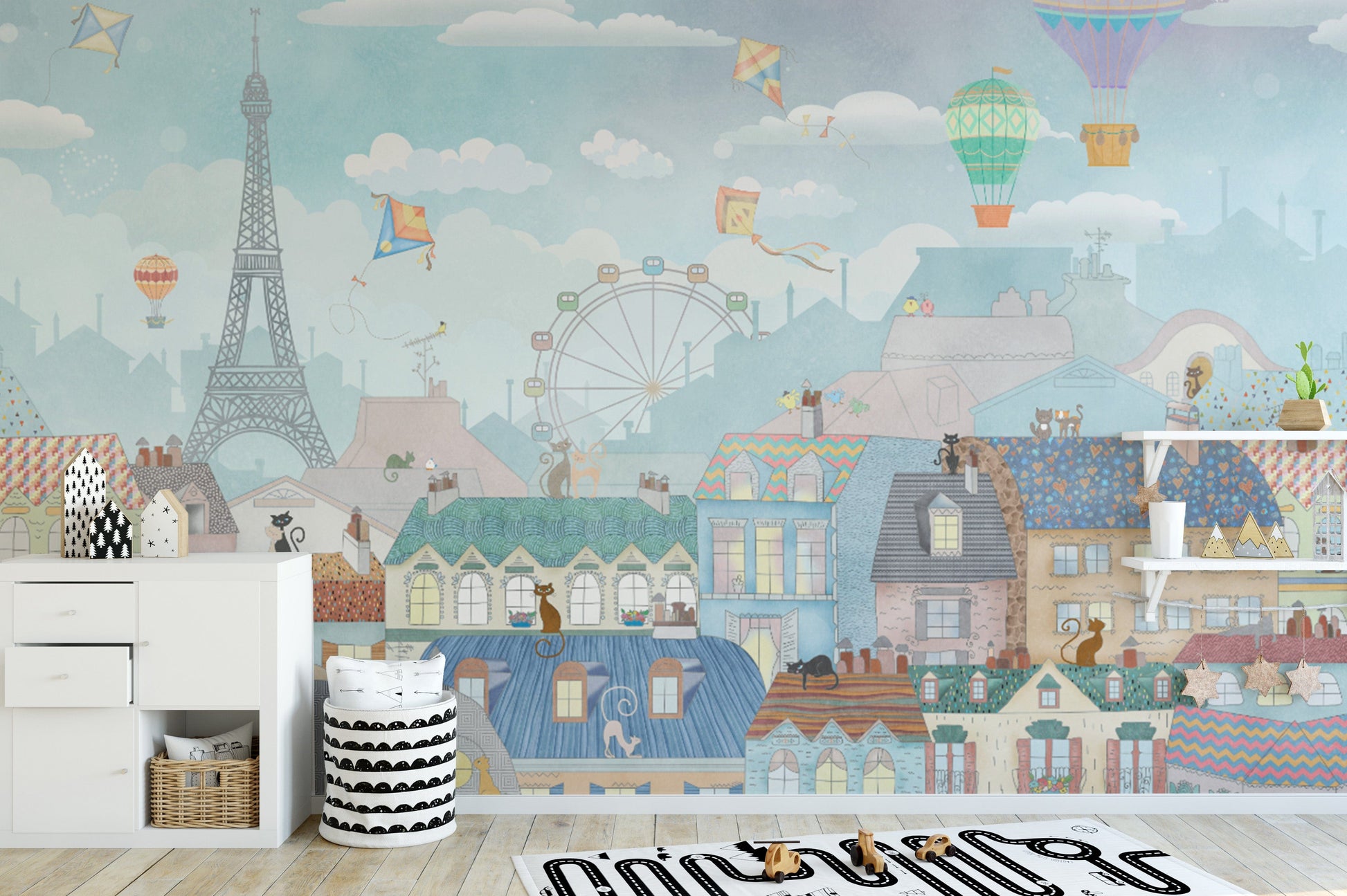 Eiffel Tower and rooftop wallpaper design
