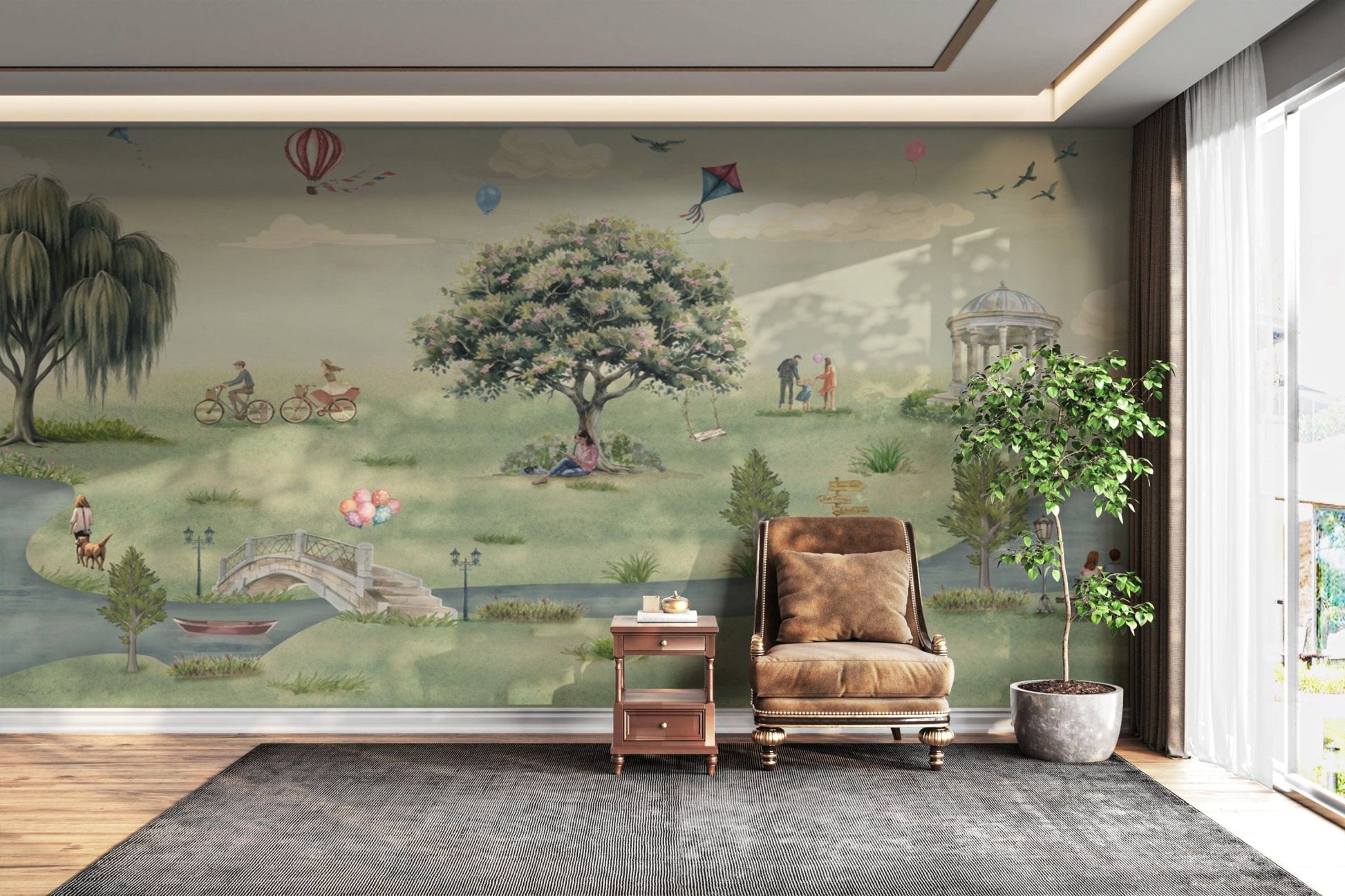 Romantic couple on bench by the pond

