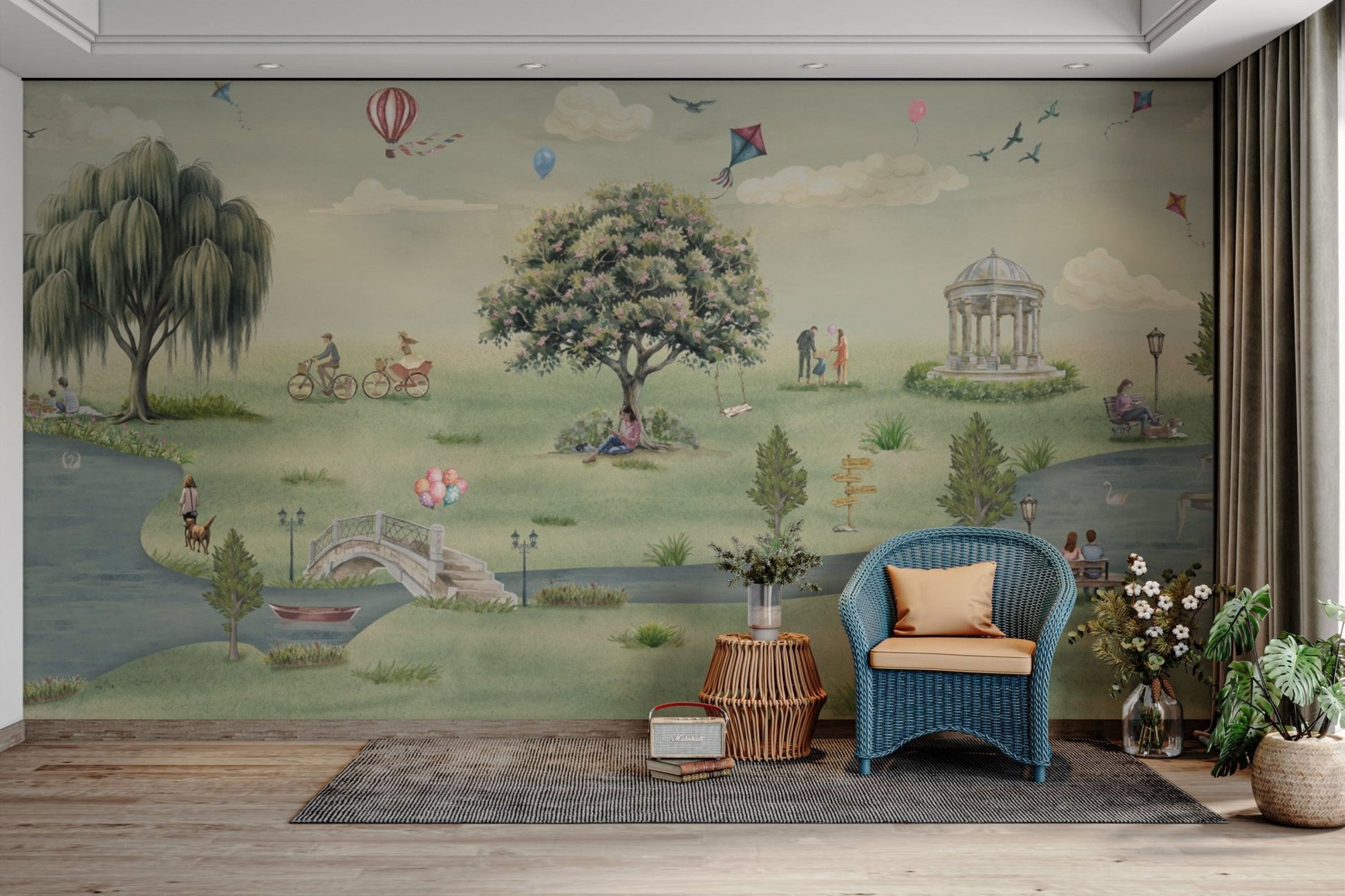 Bicyclists riding in lush green park mural

