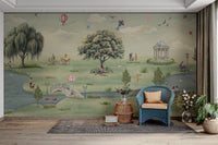 Bicyclists riding in lush green park mural

