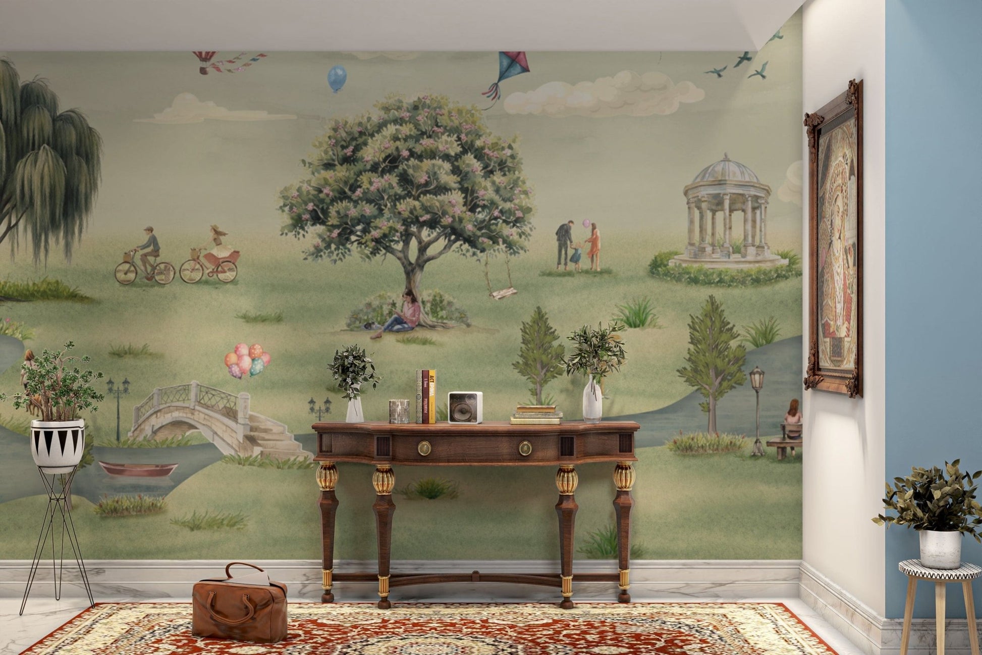 Vintage park mural with people and gazebo

