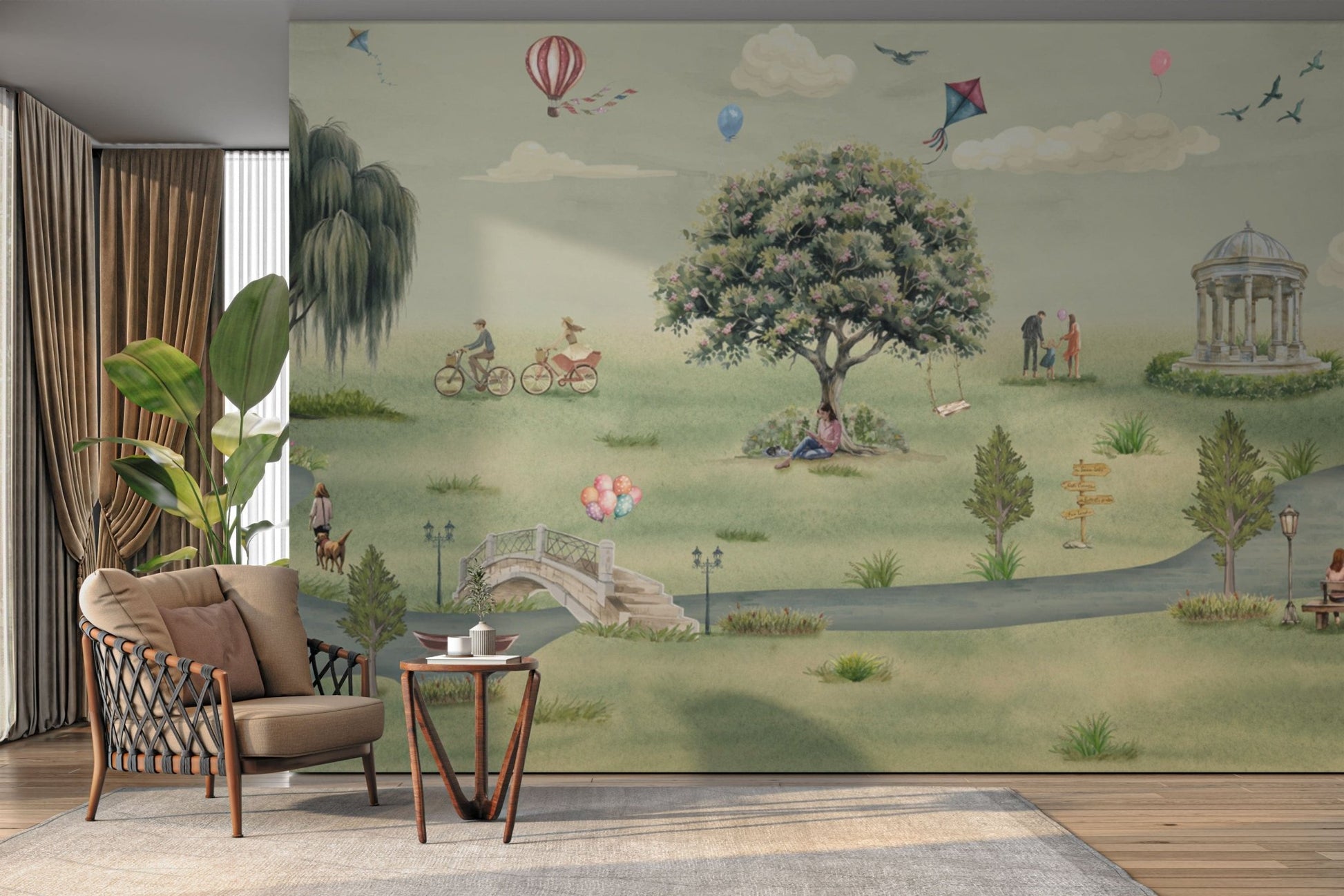 Kids flying kites in illustrated park scene

