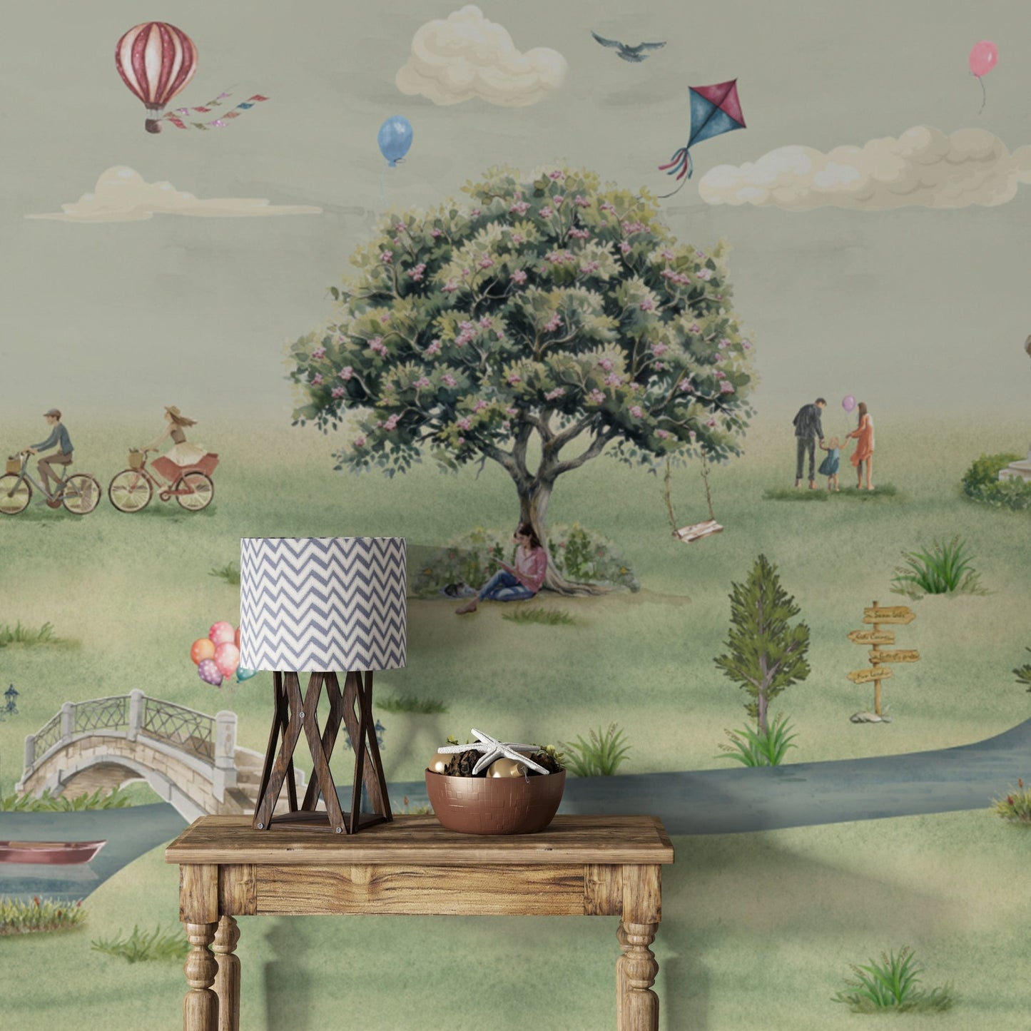 Peaceful park illustration with lake and swans

