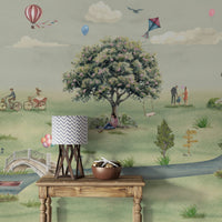 Peaceful park illustration with lake and swans

