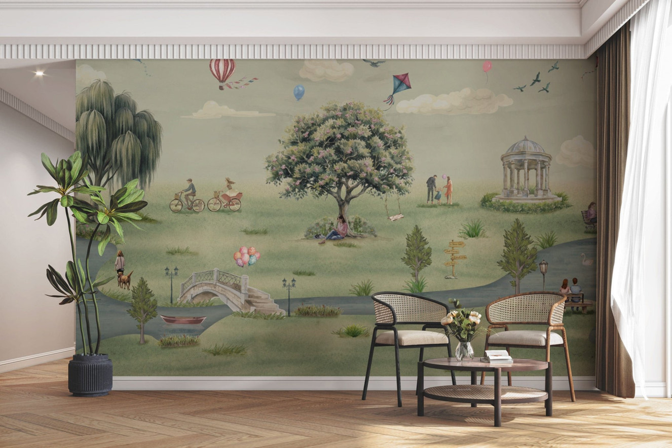 Illustrated park scene with tree and swing

