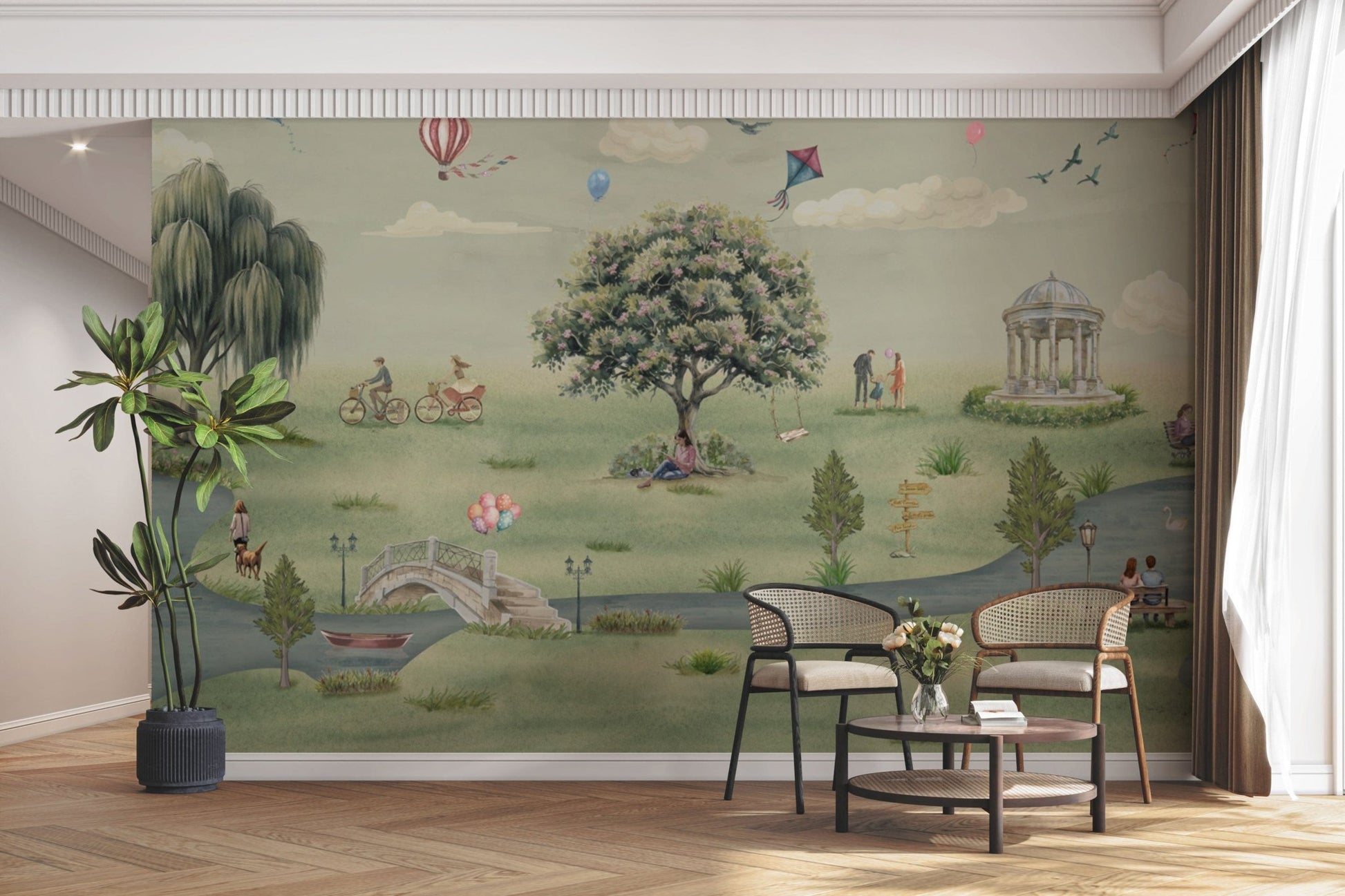 Illustrated park scene with tree and swing

