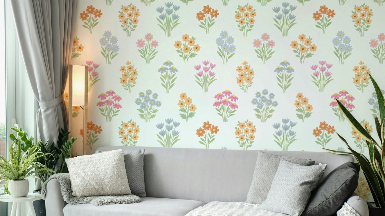 Hand-drawn folk bouquet wall mural in soft tones

