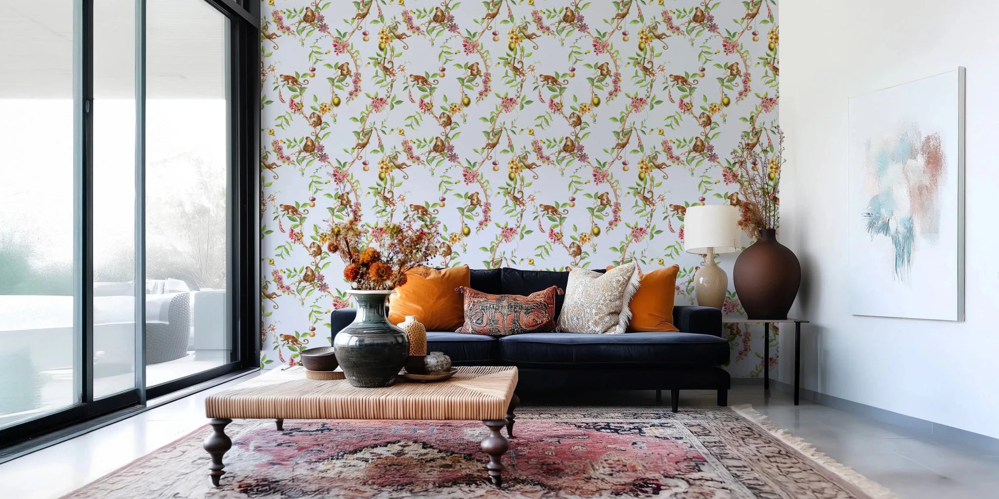A bright seating zone using monkey garden blue wallpaper with subtle floral accents