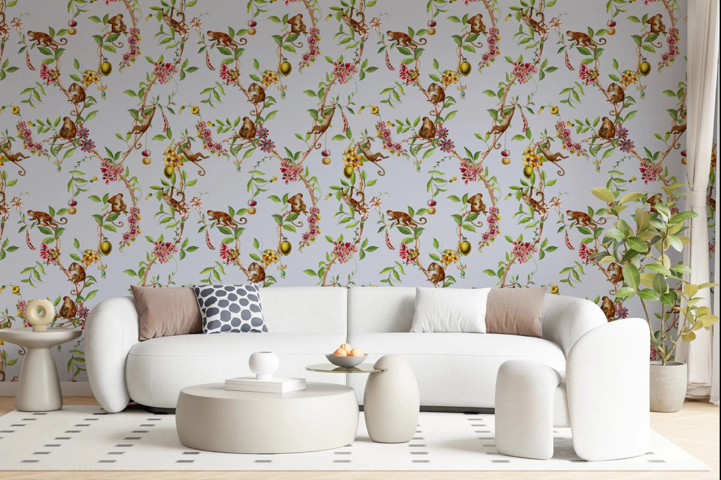 A soft living area paired with monkey garden blue wallpaper and airy botanical vines