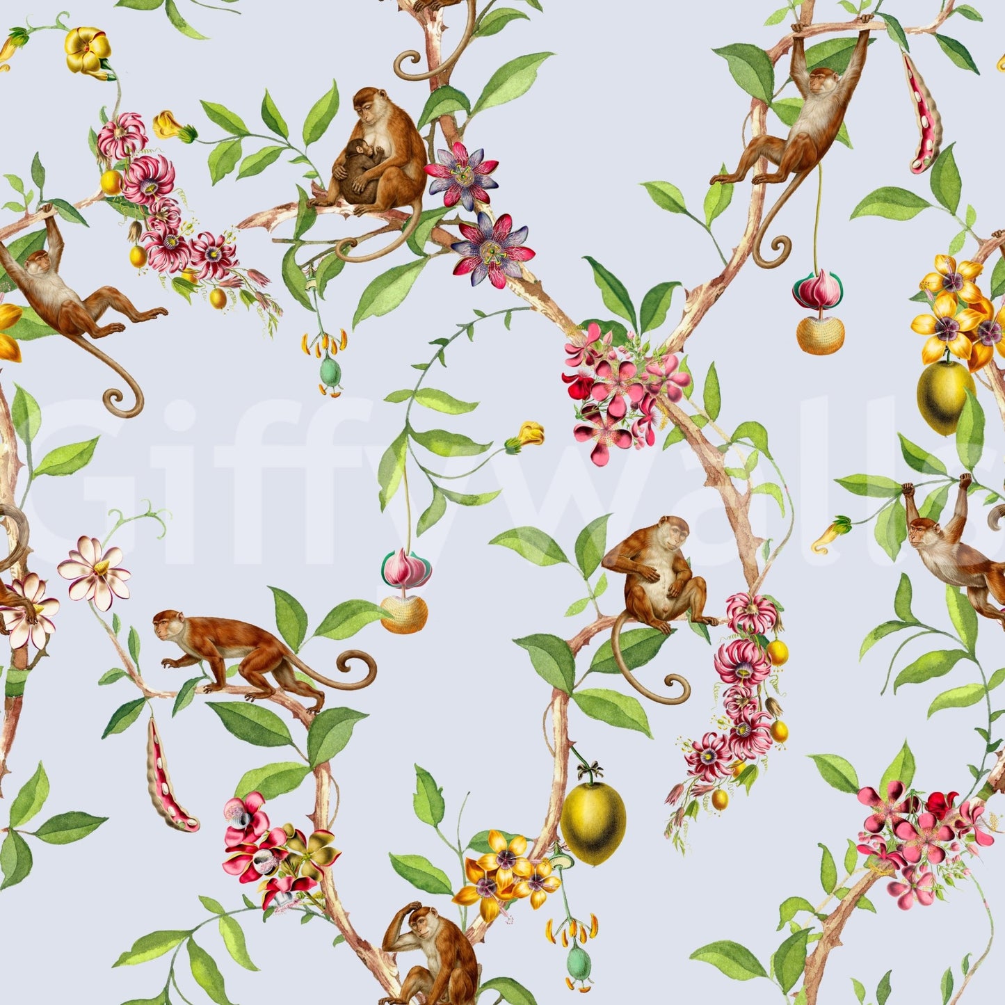 Blue exotic garden wallpaper with playful monkeys sitting along detailed leafy branches
