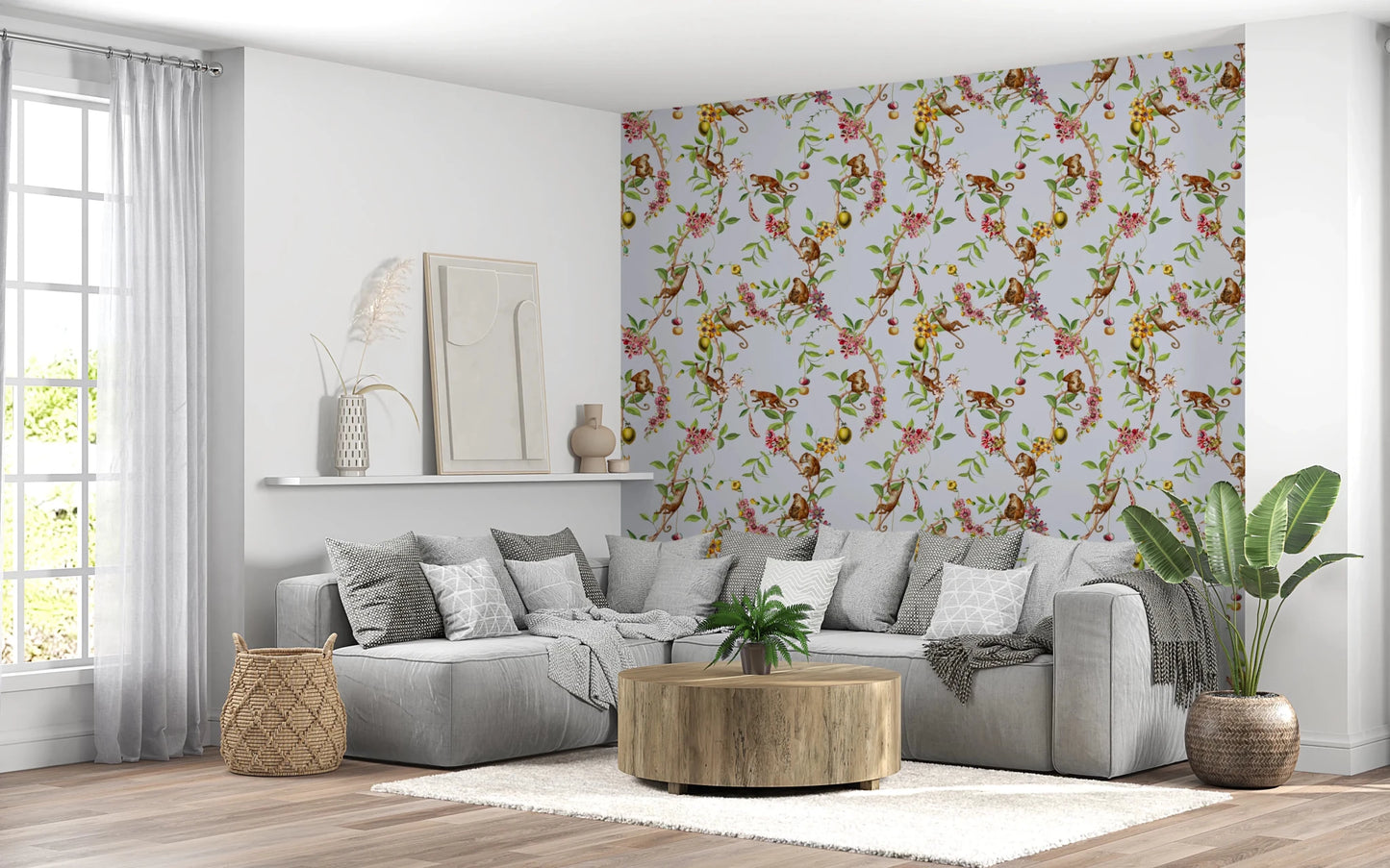 Relaxed interior look formed with monkey family blue wallpaper and soft greenery