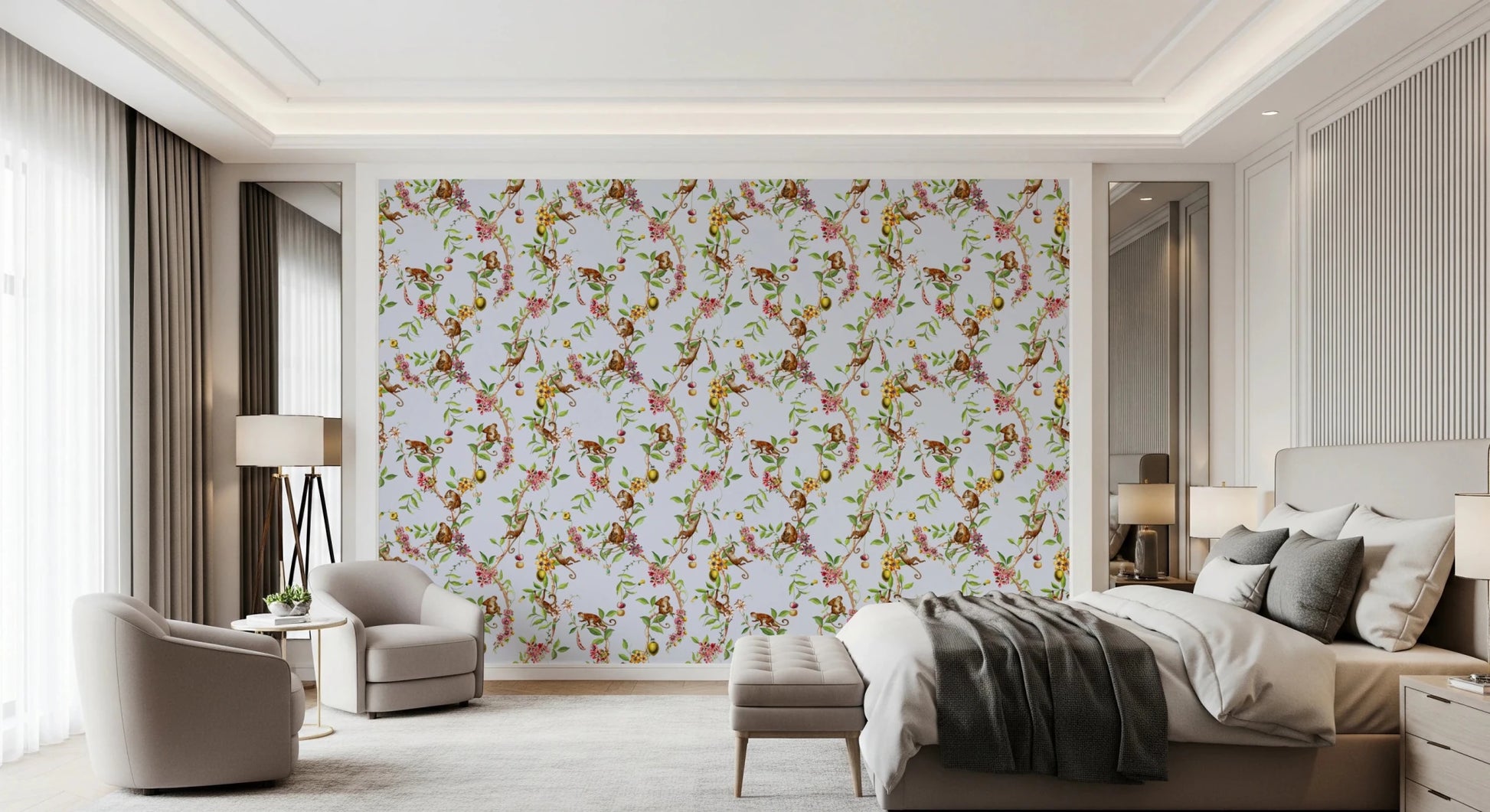 Modern bedroom scene lifted by exotic monkey blue wallpaper and winding vines