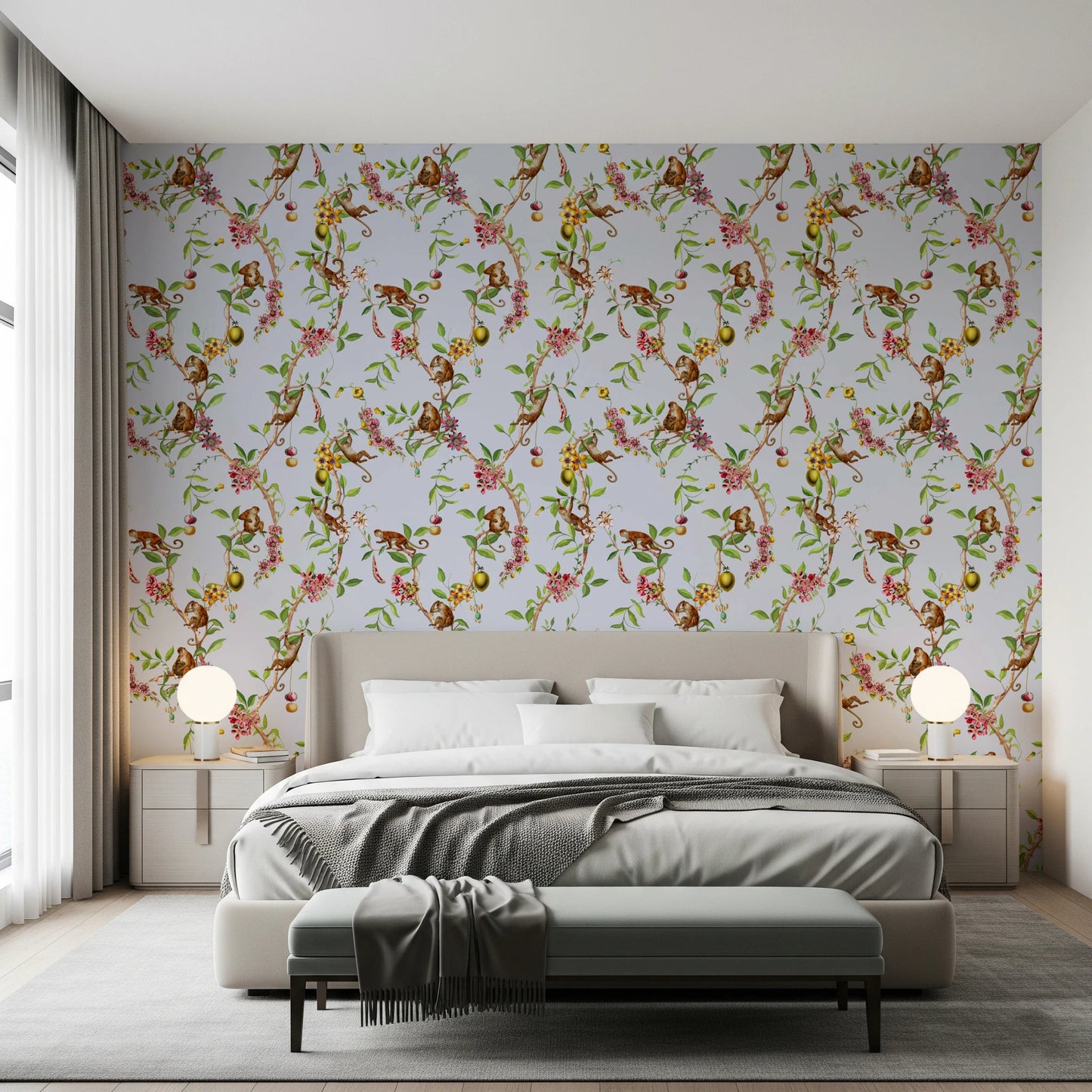 Bedroom styled with vintage monkey garden blue wallpaper and nature tones