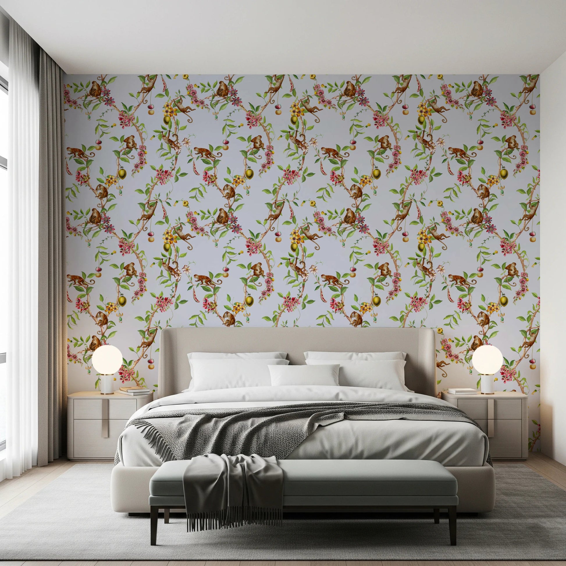 Bedroom styled with vintage monkey garden blue wallpaper and nature tones