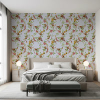 Bedroom styled with vintage monkey garden blue wallpaper and nature tones