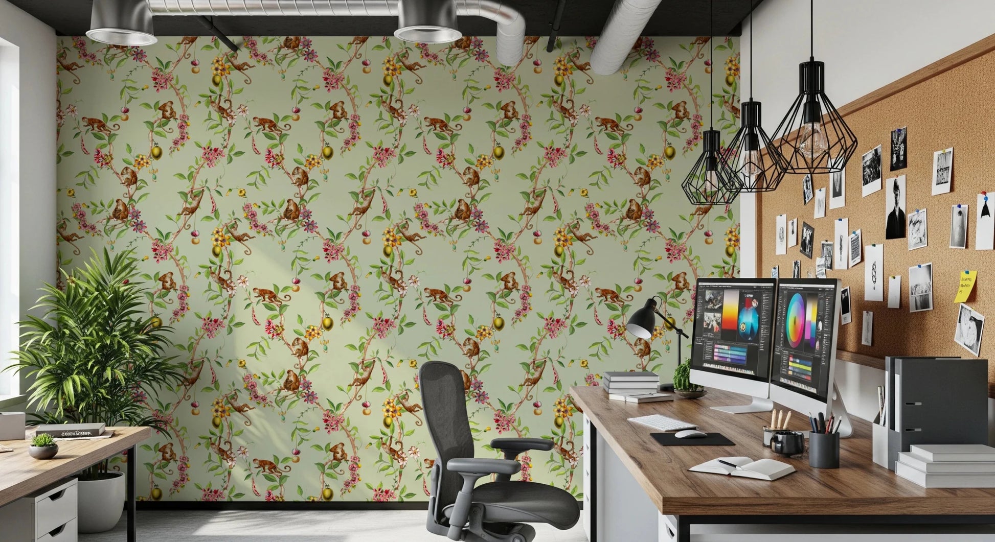 Home office finished in exotic monkey garden green wallpaper with leafy detail
