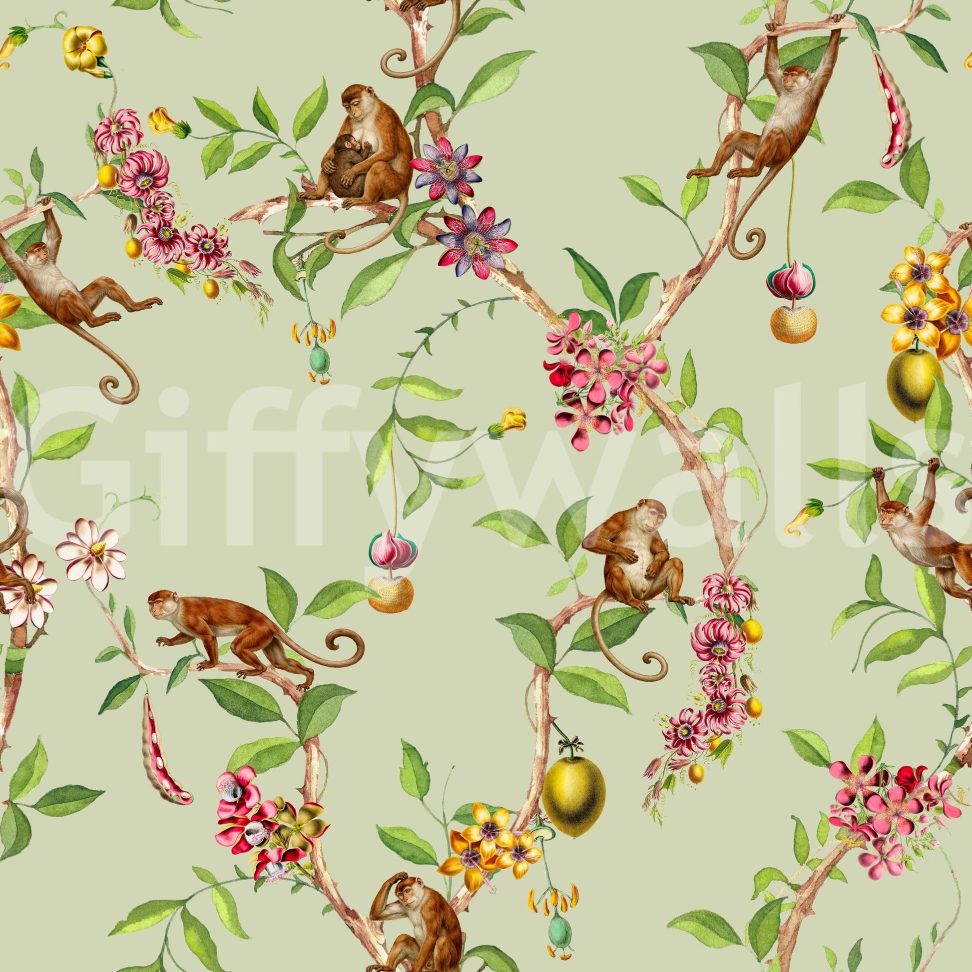 Vintage Exotic Garden green wallpaper with playful monkeys and floral vine pattern detail
