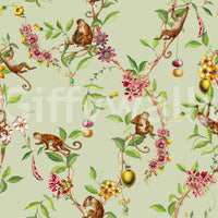 Vintage Exotic Garden green wallpaper with playful monkeys and floral vine pattern detail
