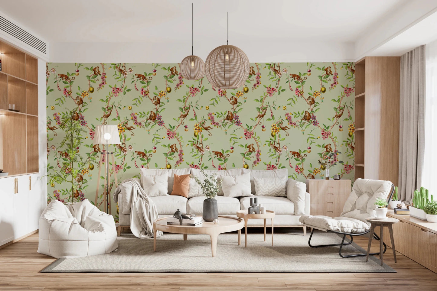 Spacious lounge framed with whimsical monkey garden green wallpaper in soft green