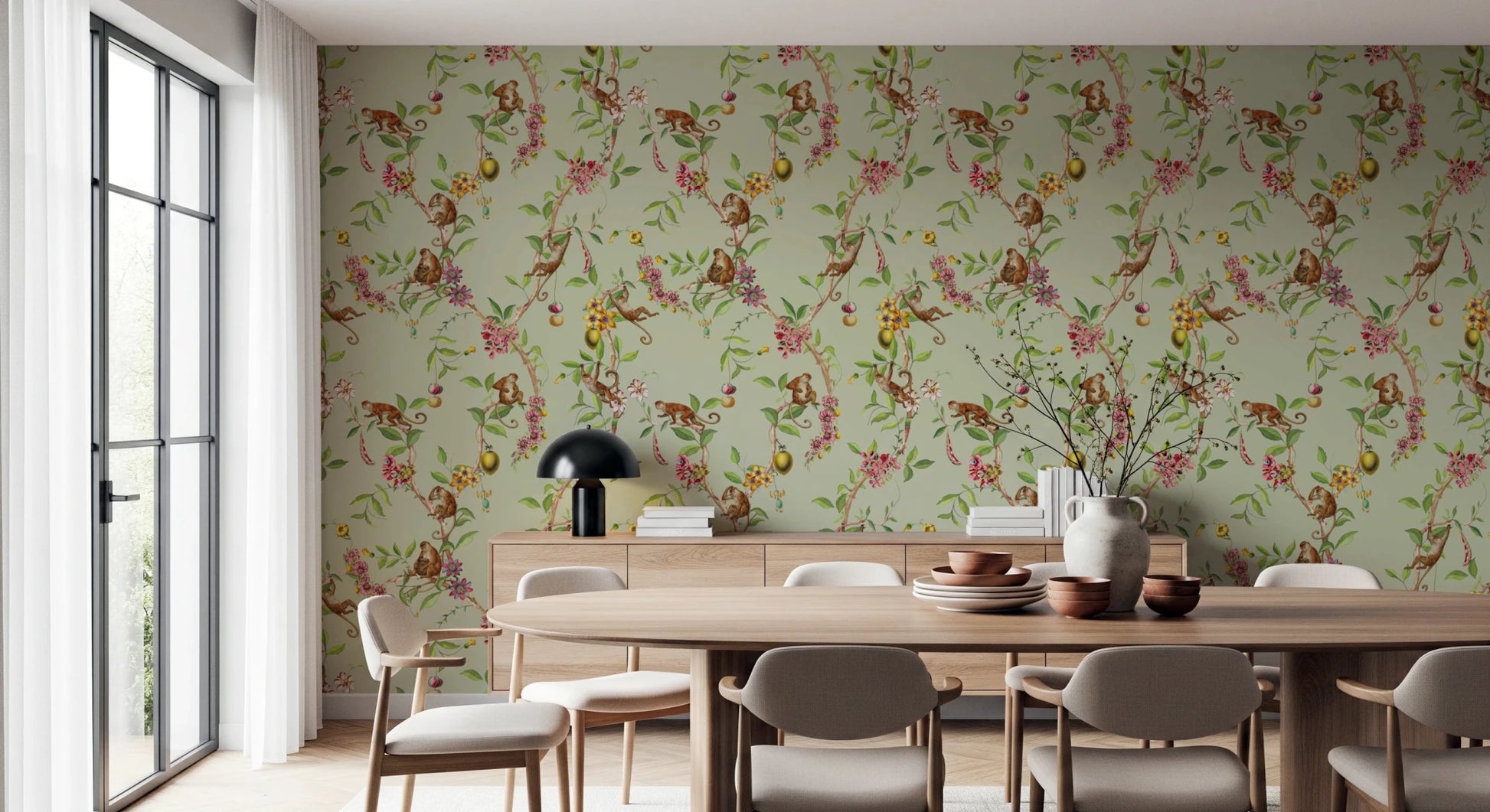 Dining  space using vintage exotic monkey green wallpaper with leafy vines
