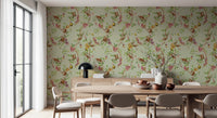 Dining  space using vintage exotic monkey green wallpaper with leafy vines