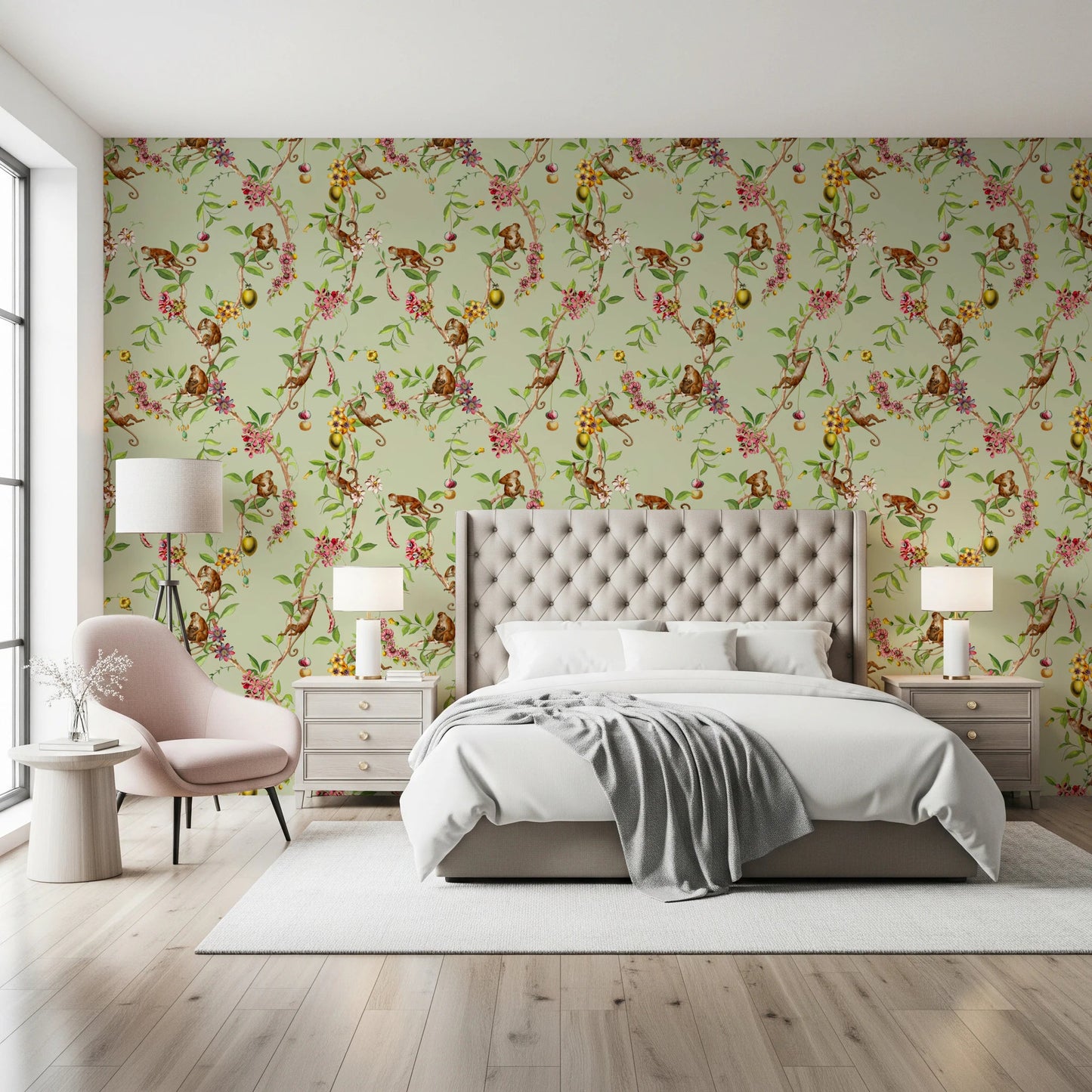 Bedroom backed by monkey family vintage green wallpaper and winding branches
