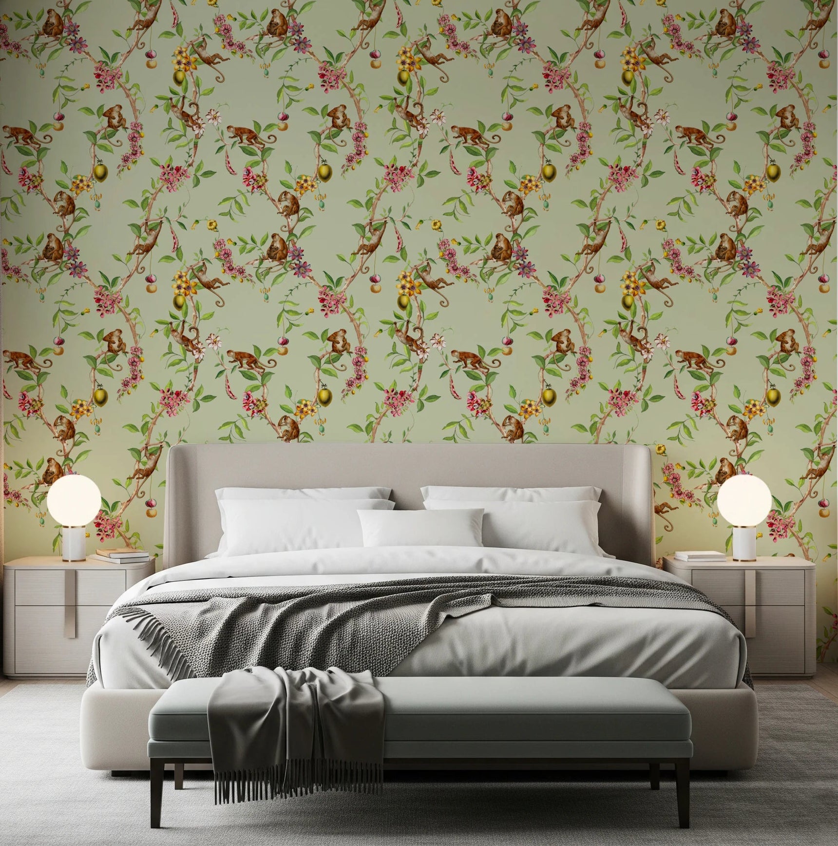 Bedroom view with monkey garden green wallpaper and soft botanical branch pattern, GD8592