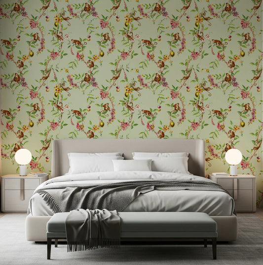 Bedroom view with monkey garden green wallpaper and soft botanical branch pattern
