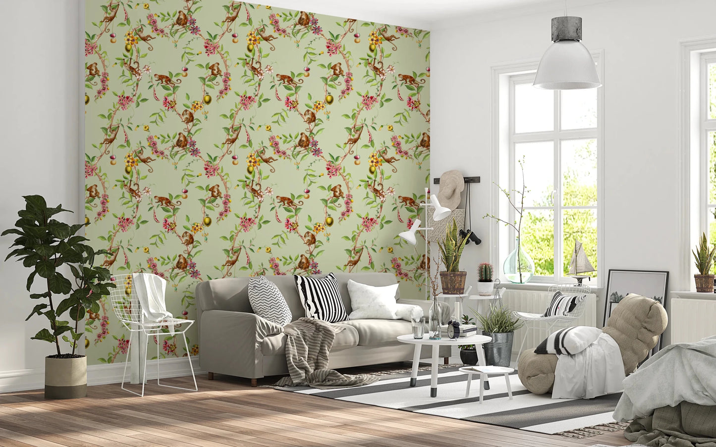 Living room corner styled in monkey family green wallpaper with vintage floral vines