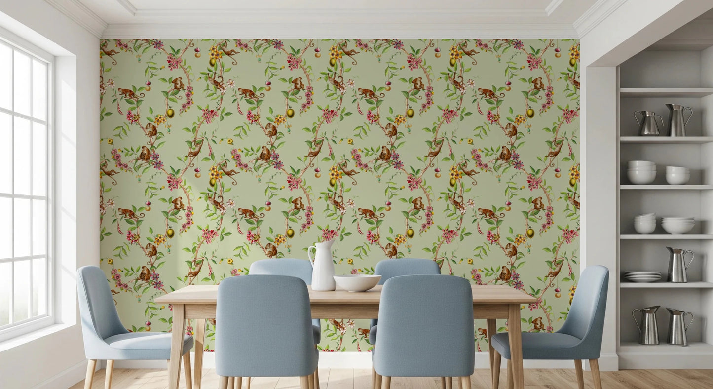 Dining room dressed in exotic garden monkey wallpaper with blooming vine pattern