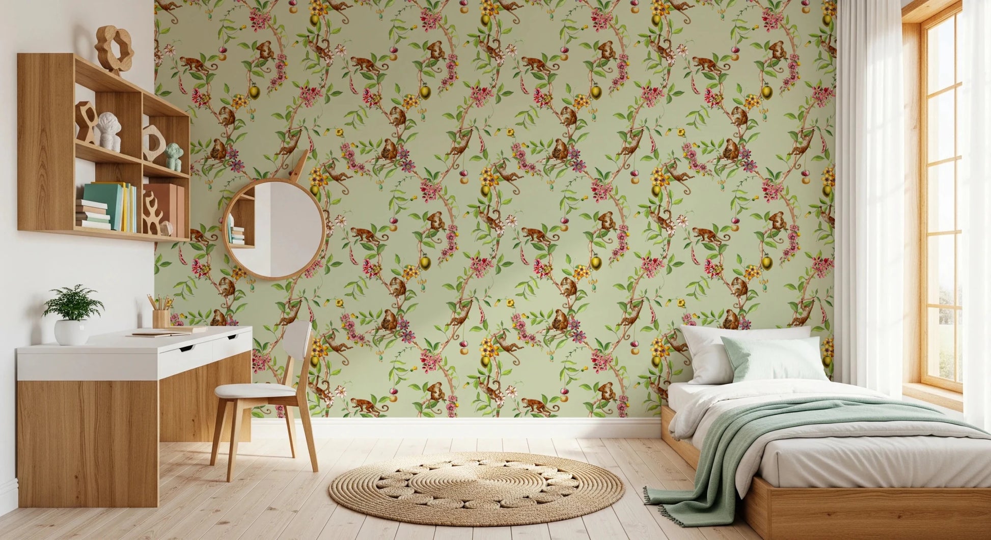 Green monkey garden wallpaper creating a calm bedroom feature behind the bed