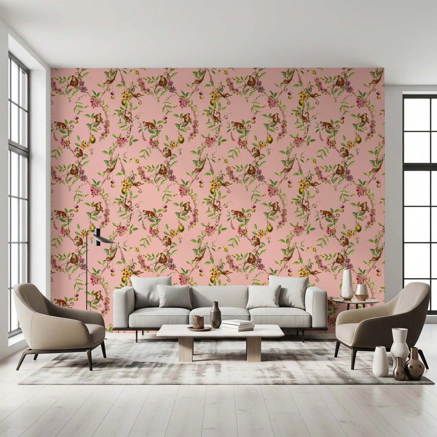 Calm sitting area framed by vintage monkey family floral pink wallpaper