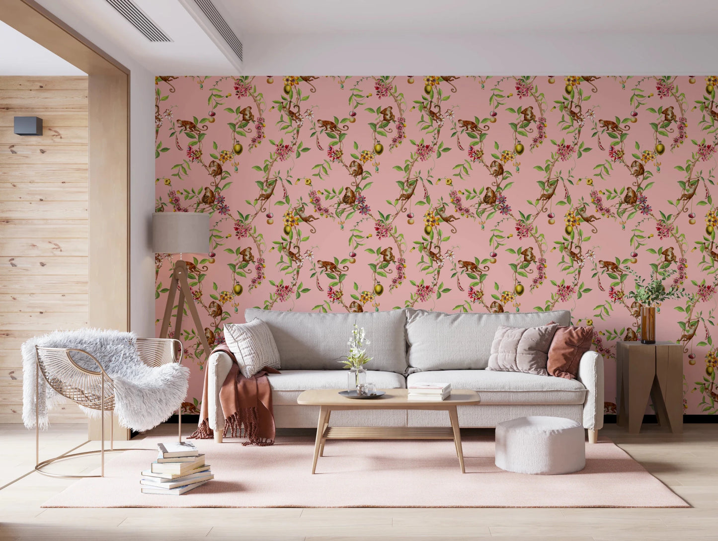Warm living room lifted by Whimsical Playing Monkeys Family pink wallpaper
