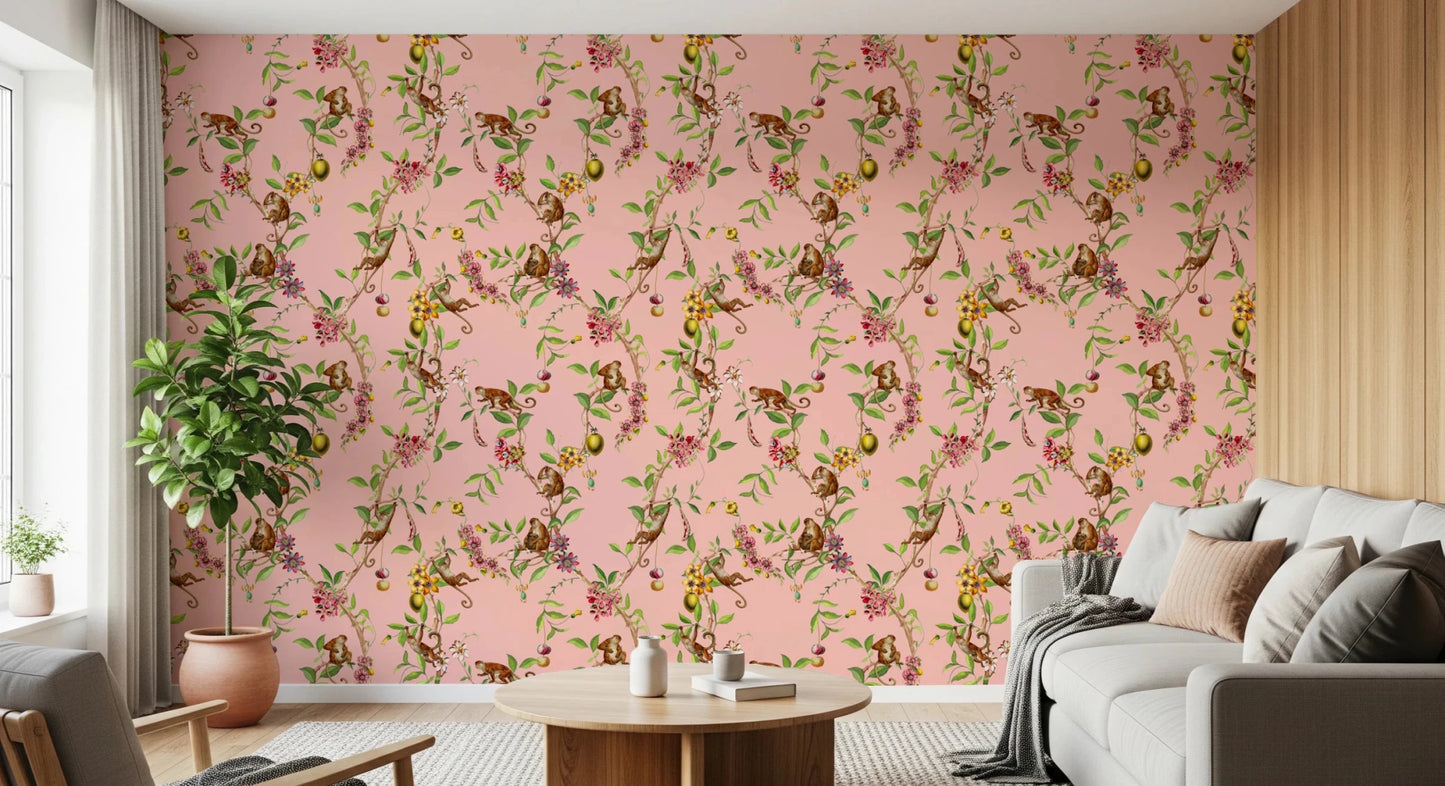 Cozy sofa area updated with Whimsical Playing Monkeys Family garden wallpaper