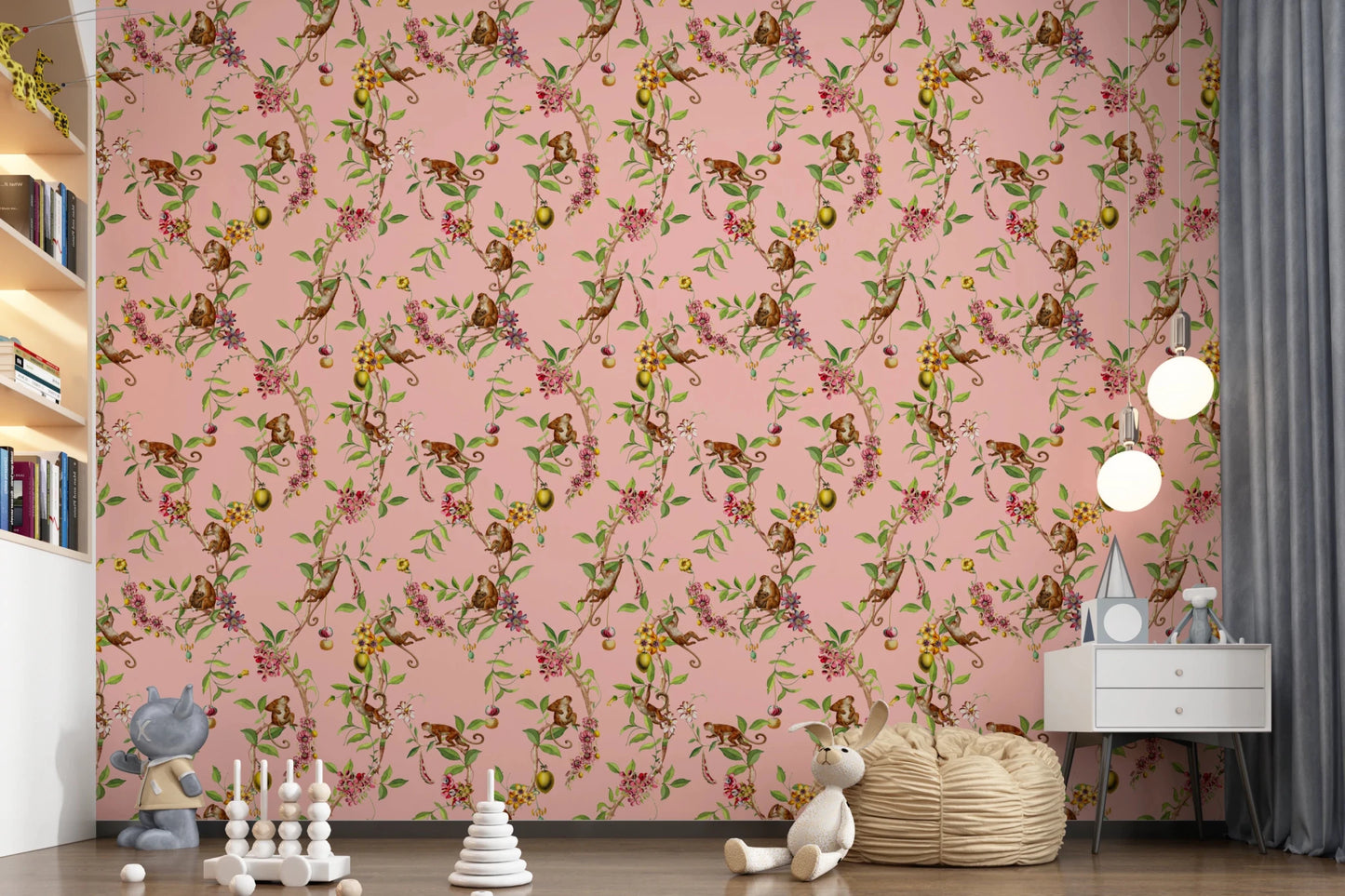 Nursery room by playful monkey family wallpaper on a warm pink ground