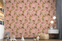 Nursery room by playful monkey family wallpaper on a warm pink ground