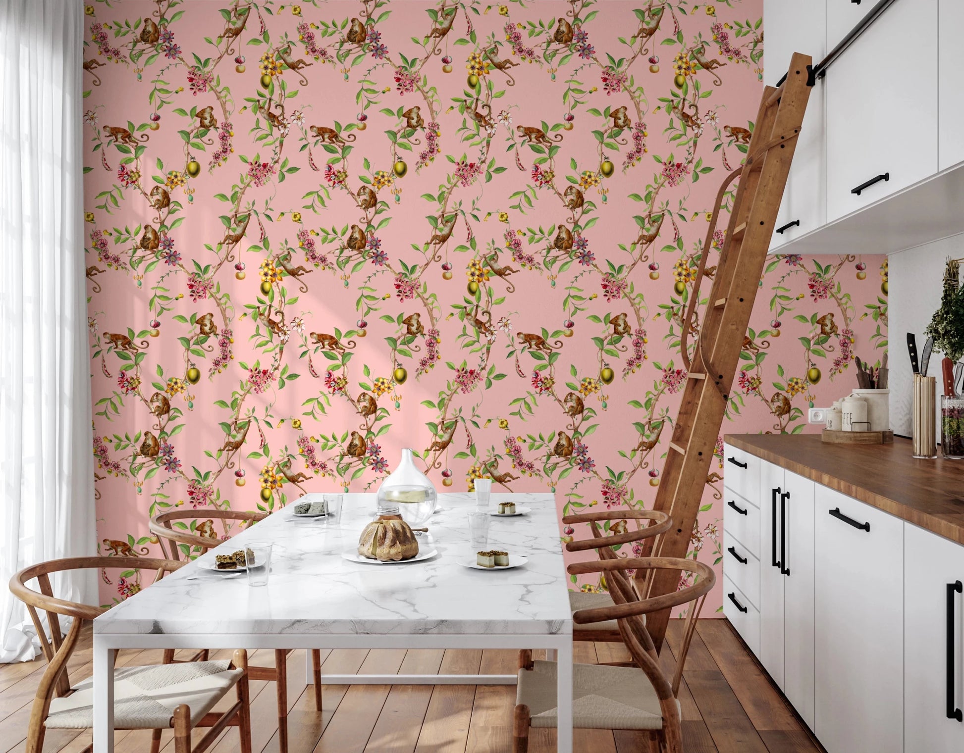 Kitchen softened by Whimsical Playing Monkeys Family pink wallpaper
